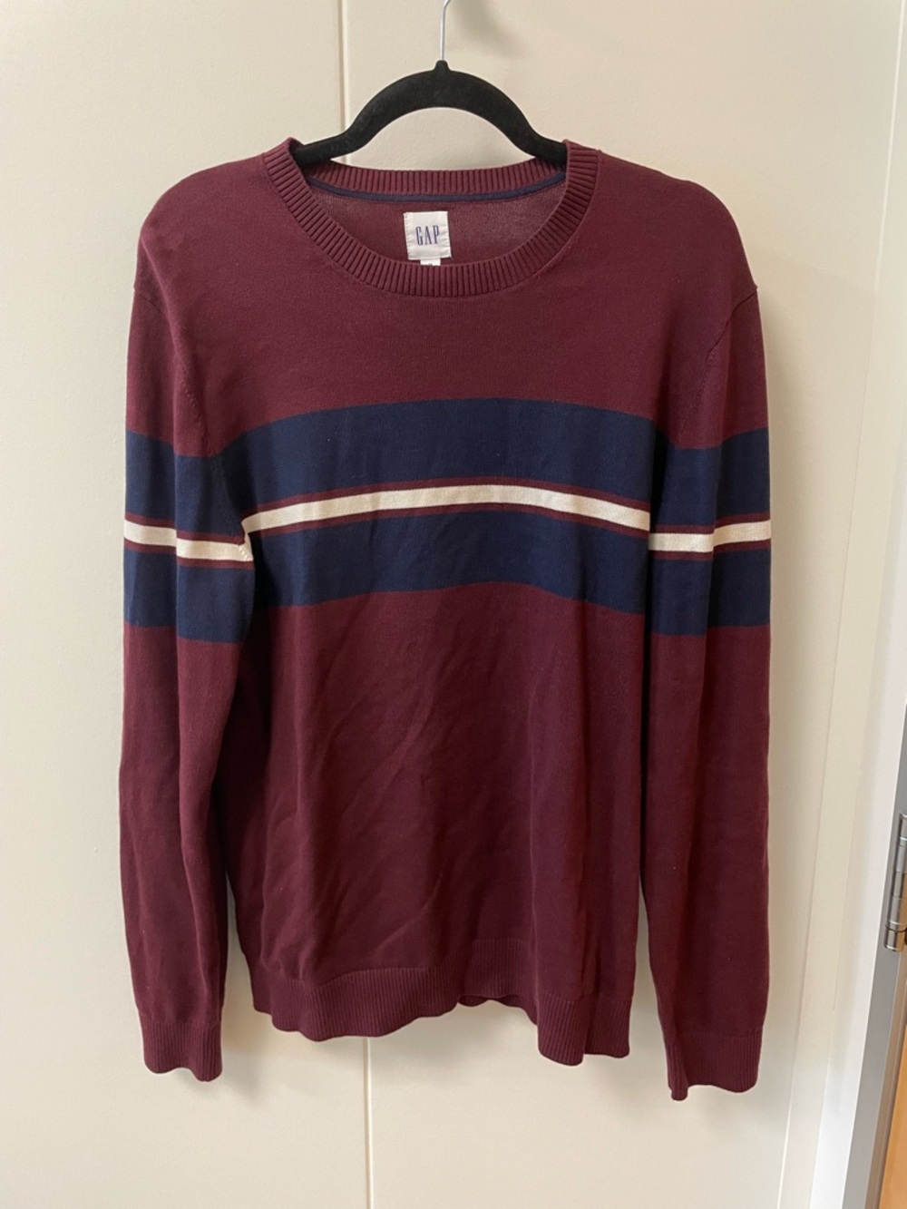 GAP Men's Maroon Crewneck Sweater with Navy and Cream Stripes